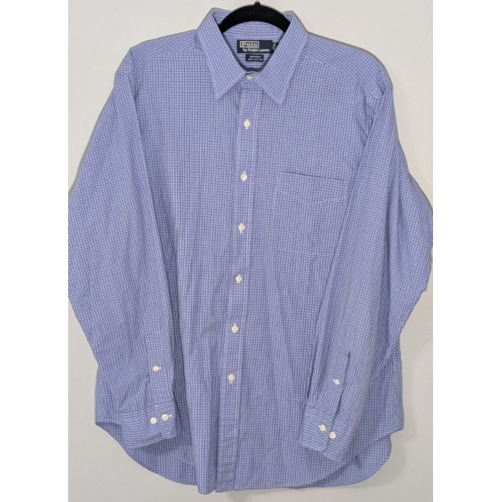 Vintage Polo Ralph Lauren Andrew Shirt 16.5 34/35 Blue Micro Check 90s Y2K